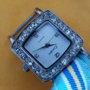 Cardini Quartz Wrist Watch Silver Tone Rhinestones On Flex Molly Striped Band Cardini | Accessories | Cardini Quartz Wrist Watch Silver  main image 2